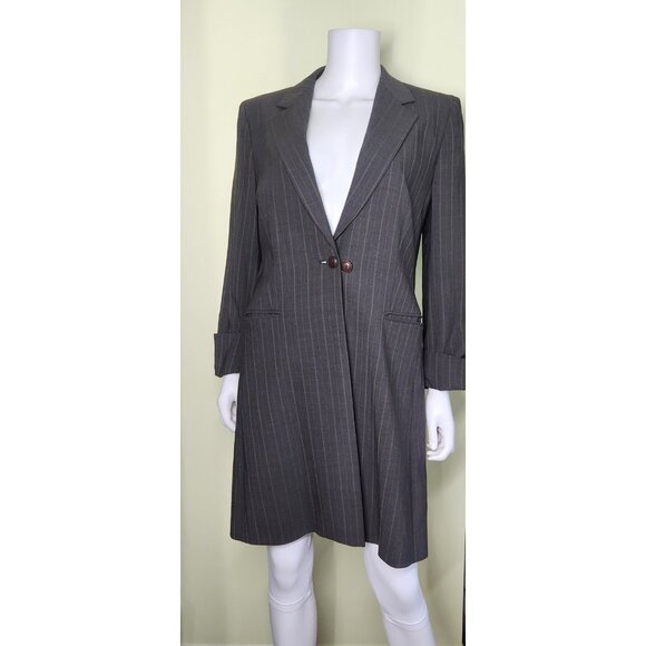 Max Mara Suit Dress Women Size 10 Grey Pinstripe Oversized Longline Blazer Luxe - Picture 2 of 14